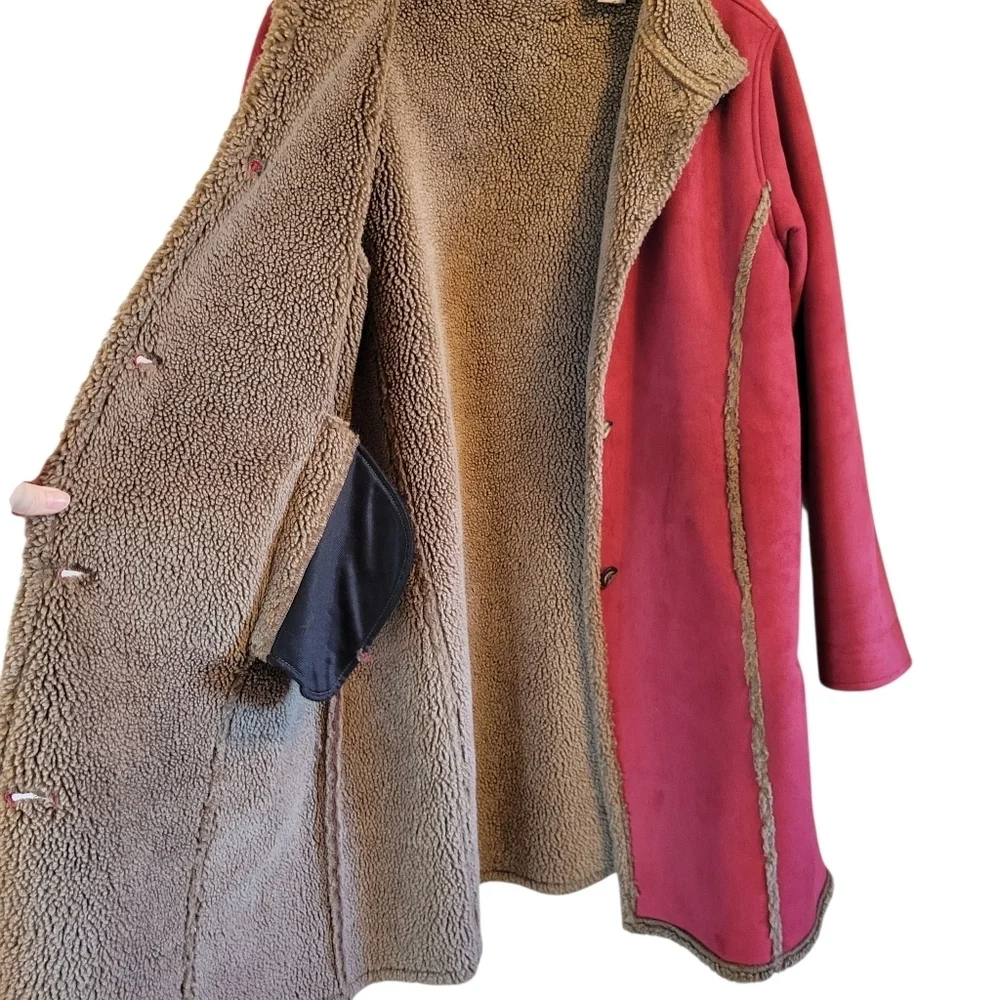 L.L. Bean Red Faux Suede Brown Sherpa Long Coat